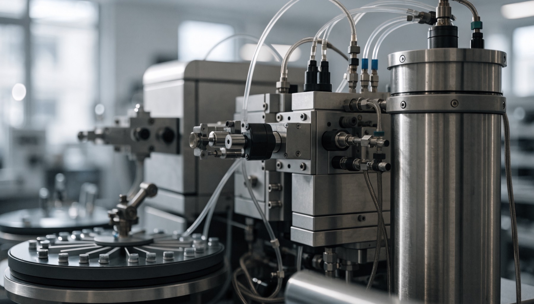A liquid chromatography instrument on a laboratory bench, showing its brushed metal housing, fine tubing and a circular autosampler tray